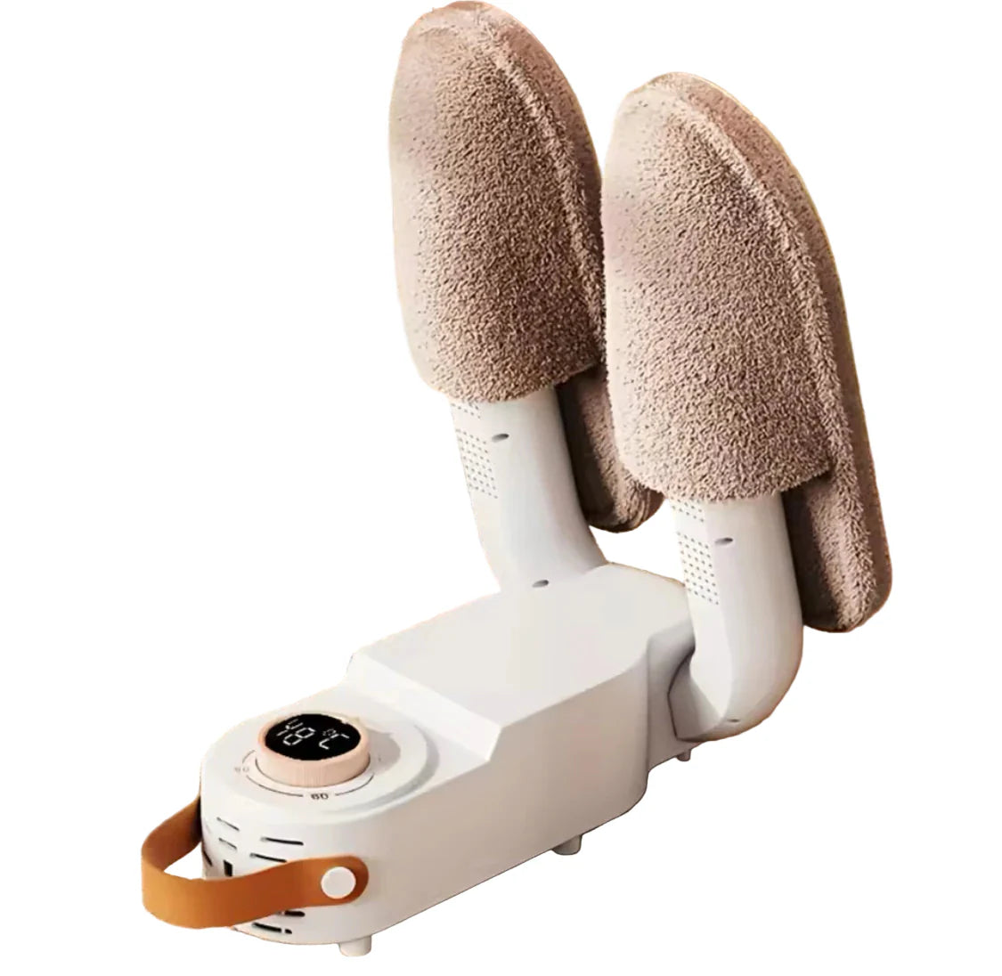 White shoe dryer with brown shoe inserts on a wooden floor.