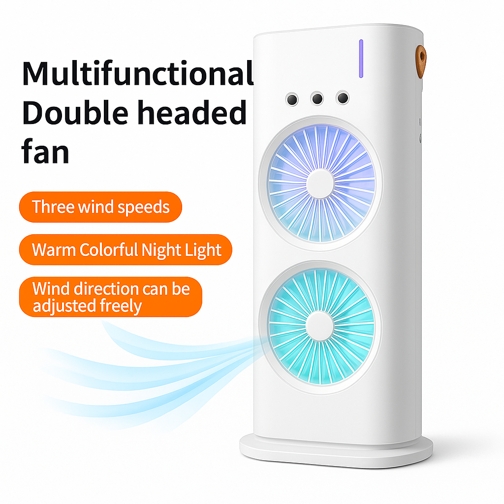 Rechargeable Rotating Spray Fan Automatic Rotating Dual Double Spray Mist Fan with Lightening Effects