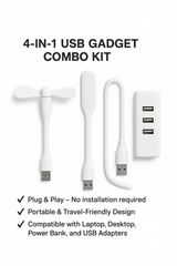 4-in-1 USB Gadget Combo Kit – Portable Mini Fan, LED Light, Flexible Extension & Multi-Port Hub